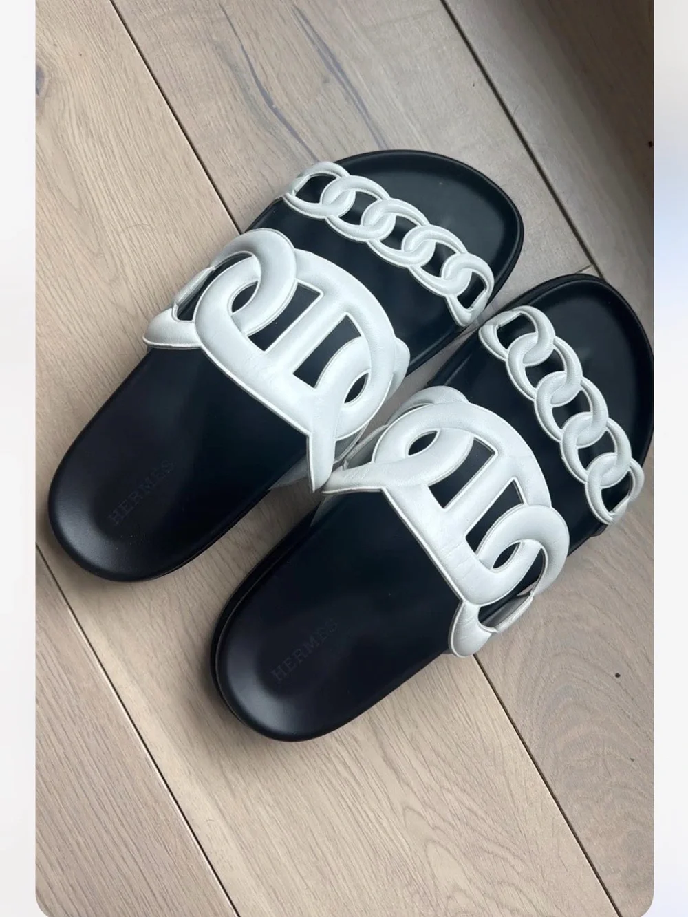 Authentic Hermes Extra Sandals Women’s Black & White Chain Slide Sandals - Picture 3 of 6